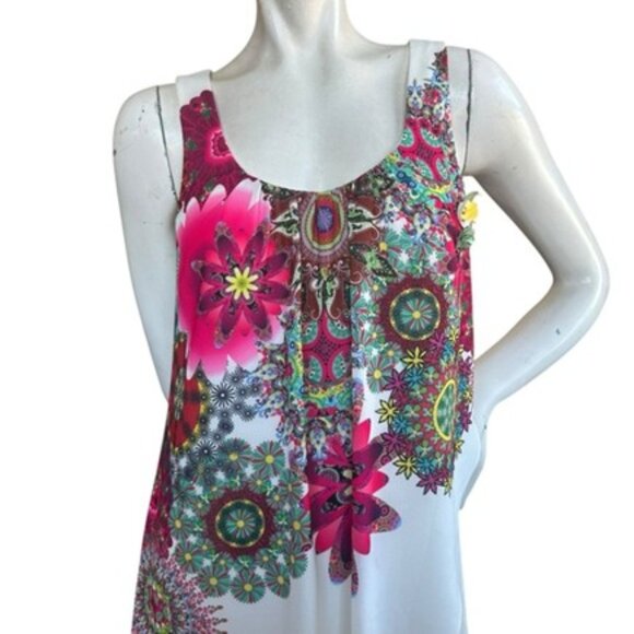 Desigual White Sleeveless Tiered Bead Floral Print Mini Corvus Dress Size 36 XS - Picture 4 of 16